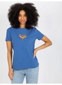 Fashionhunters Tmavě modré dámské tričko s aplikací