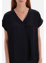 Dagi Black Satin Surface Pleated Blouse