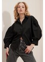 Trend Alaçatı Stili Women's Black Balloon Sleeve Basic Poplin Shirt