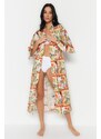 Trendyol Tropical Pattern Belted Maxi-Weave 100% Cotton Kimono & Caftan
