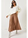 Olalook Milk Brown Leather Look A-Line Pleat Skirt