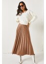 Olalook Milk Brown Leather Look A-Line Pleat Skirt