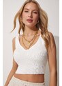 Happiness İstanbul Women's White V-Neck Summer Crop Knitwear Blouse