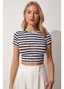 Happiness İstanbul Women's Black And White Striped Crop Knitted T-Shirt