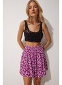 Happiness İstanbul Women's Purple Floral Ruffle Summer Viscose Mini Skirt