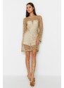 Trendyol Gold Glitter Mesh Elegant Evening Dress