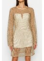 Trendyol Gold Glitter Mesh Elegant Evening Dress