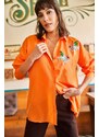 Olalook Women's Orange Bird Sequin Detailed Woven Boyfriend Shirt