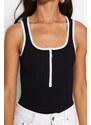 Trendyol Black Zippered Pool Collar With Piping Detailed Cotton Ribbons Flexible With Snap Snaps Knitted Body