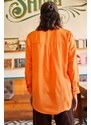Olalook Women's Orange Bird Sequin Detailed Woven Boyfriend Shirt