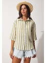 Happiness İstanbul Women's Green Striped Linen Viscose Shirt