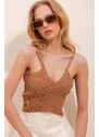 Trend Alaçatı Stili Women's Biscuit V-Neck Strap Crop Knitwear Knitted Blouse