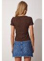 Happiness İstanbul Women's Brown Biscuit Sweetheart Neck Ribbed 2-Pack Crop Knitted Blouse