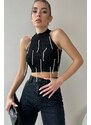 Trend Alaçatı Stili Women's Black High Collar Pearl Embroidered Halter Crop Knitwear Blouse