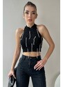 Trend Alaçatı Stili Women's Black High Collar Pearl Embroidered Halter Crop Knitwear Blouse