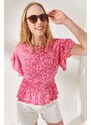 Olalook Women's Floral Pink Bat Blouse with an Elastic Waist and Frilled Sleeves