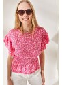 Olalook Women's Floral Pink Bat Blouse with an Elastic Waist and Frilled Sleeves