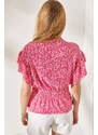 Olalook Women's Floral Pink Bat Blouse with an Elastic Waist and Frilled Sleeves