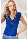 Olalook Women's Saxe Blue Shoulder And Skirt Detailed Front Back V Knitwear Blouse
