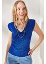 Olalook Women's Saxe Blue Shoulder And Skirt Detailed Front Back V Knitwear Blouse