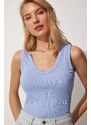 Happiness İstanbul Women's Sky Blue V-Neck Ribbed Crop Blouse