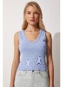 Happiness İstanbul Women's Sky Blue V-Neck Ribbed Crop Blouse