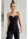 Trend Alaçatı Stili Women's Black Kissing Collar Crop Bustier with Contrast Stitching