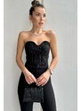 Trend Alaçatı Stili Women's Black Kissing Collar Crop Bustier with Contrast Stitching