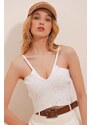 Trend Alaçatı Stili Women's White V-Neck Strap Crop Knitwear Knitted Blouse