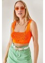 Olalook Women's Orange Six Oval Crop Knitwear Blouse