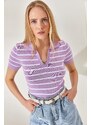 Olalook Women's Lilac Polo Neck Striped Crop Knitwear Blouse