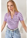 Olalook Women's Lilac Polo Neck Striped Crop Knitwear Blouse
