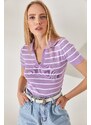 Olalook Women's Lilac Polo Neck Striped Crop Knitwear Blouse