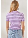 Olalook Women's Lilac Polo Neck Striped Crop Knitwear Blouse