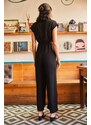 Olalook Women's Black Belted Wide Leg Woven Bodrum Jumpsuit