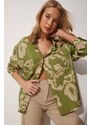 Happiness İstanbul Women's Green Patterned Oversized Cotton Satin Shirt