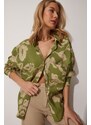 Happiness İstanbul Women's Green Patterned Oversized Cotton Satin Shirt