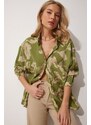 Happiness İstanbul Women's Green Patterned Oversized Cotton Satin Shirt