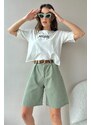 Trend Alaçatı Stili Women's Green High Waist Wide Leg Bermuda Denim Shorts