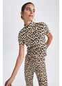 DEFACTO Slim Fit Half Turtleneck Leopard Short Sleeve T-Shirt