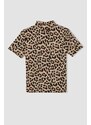 DEFACTO Slim Fit Half Turtleneck Leopard Short Sleeve T-Shirt