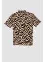 DEFACTO Slim Fit Half Turtleneck Leopard Short Sleeve T-Shirt