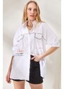 Olalook Women's White Printed Oversized Shirt with Side Buttons