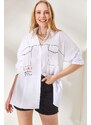 Olalook Women's White Printed Oversized Shirt with Side Buttons