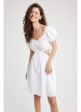 DEFACTO A-Line V Neck Linen Look Mini Short Sleeve Dress
