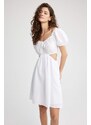 DEFACTO A-Line V Neck Linen Look Mini Short Sleeve Dress