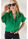 Olalook Women's Grass Green Bat Oversize Linen Shirt