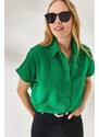 Olalook Women's Grass Green Bat Oversize Linen Shirt