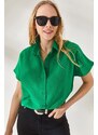 Olalook Women's Grass Green Bat Oversized Linen Shirt