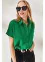 Olalook Women's Grass Green Bat Oversize Linen Shirt